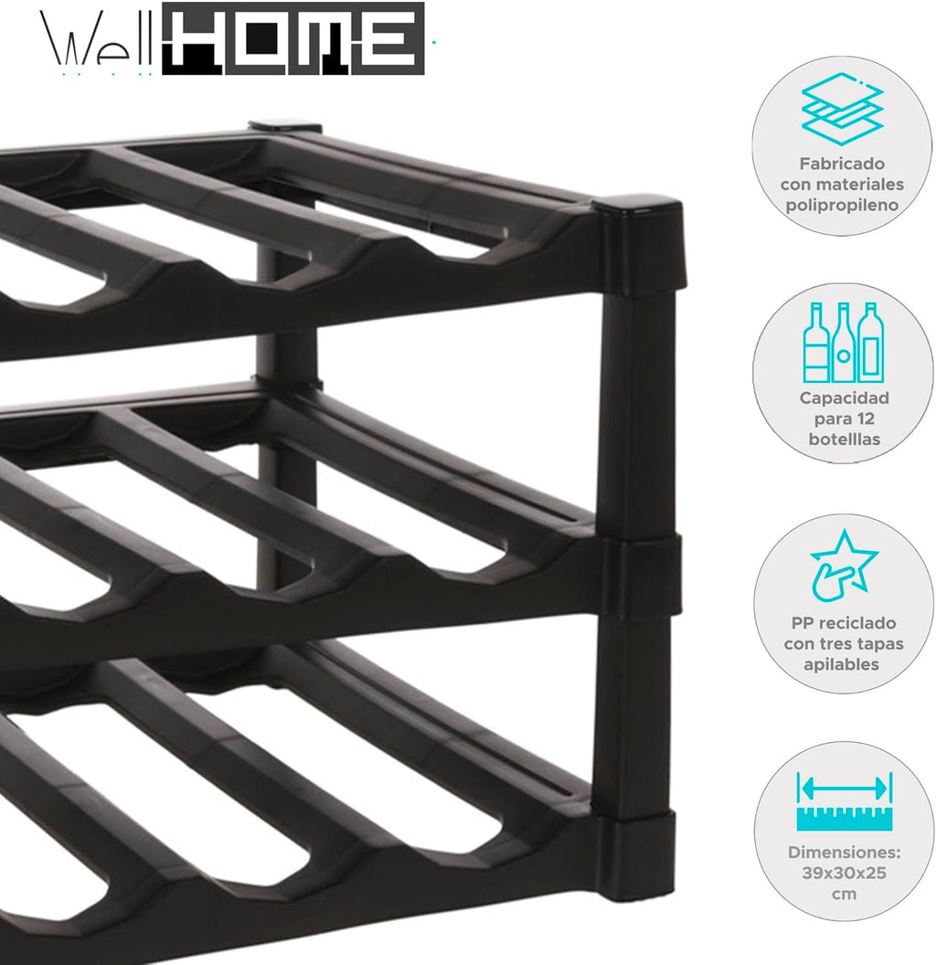 Well Home 3 Layer Stackable Polypropylene Wine Rack for 12 Bottles - 39 x 30 x 25 cm