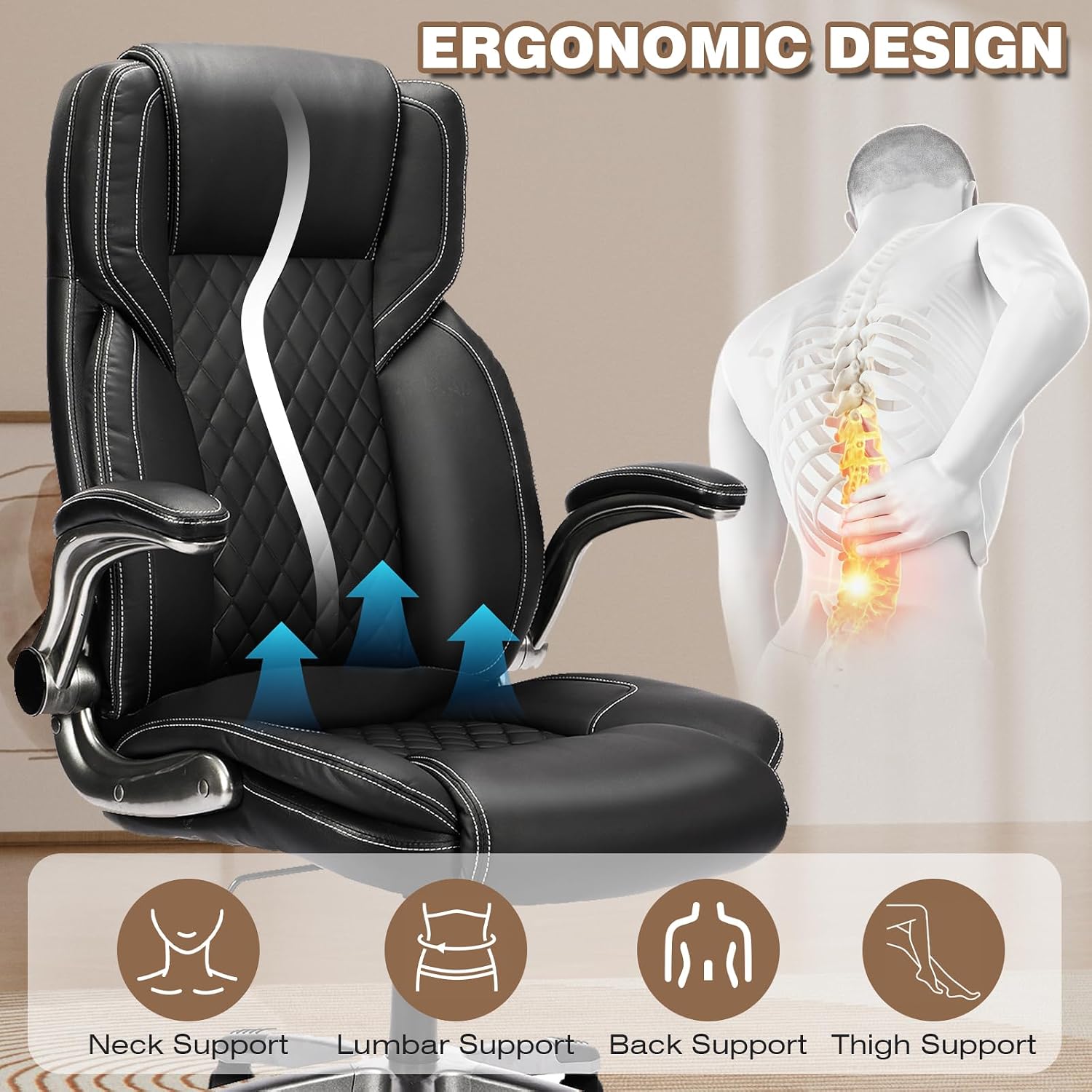 Executive Office Chair with with Flip up Arms, Big and Tall Ergonomic High Back Office Chairs, 90-120° Rocking Lumbar Support Home Computer Desk Chair Wheels(Black)