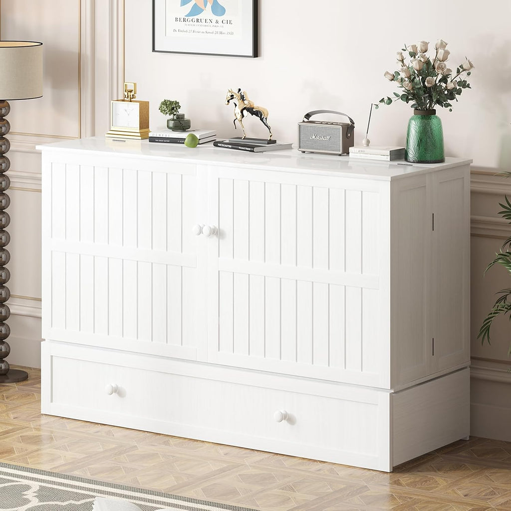BALUS Queen Murphy Bed, Cabinet Murphy Bed with Large Storage Drawer-White | USB Charing Station, Spacious Drawer, Space Saving, Queen Bed Frame