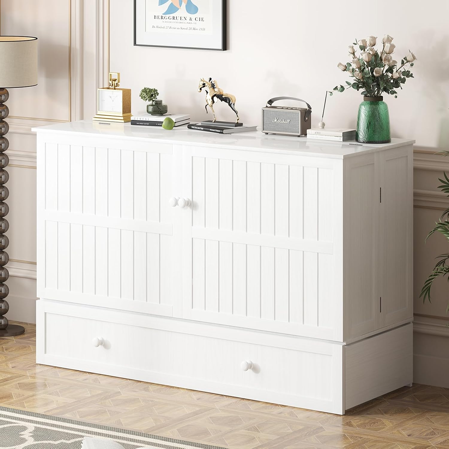 BALUS Queen Murphy Bed, Cabinet Murphy Bed with Large Storage Drawer-White | USB Charing Station, Spacious Drawer, Space Saving, Queen Bed Frame