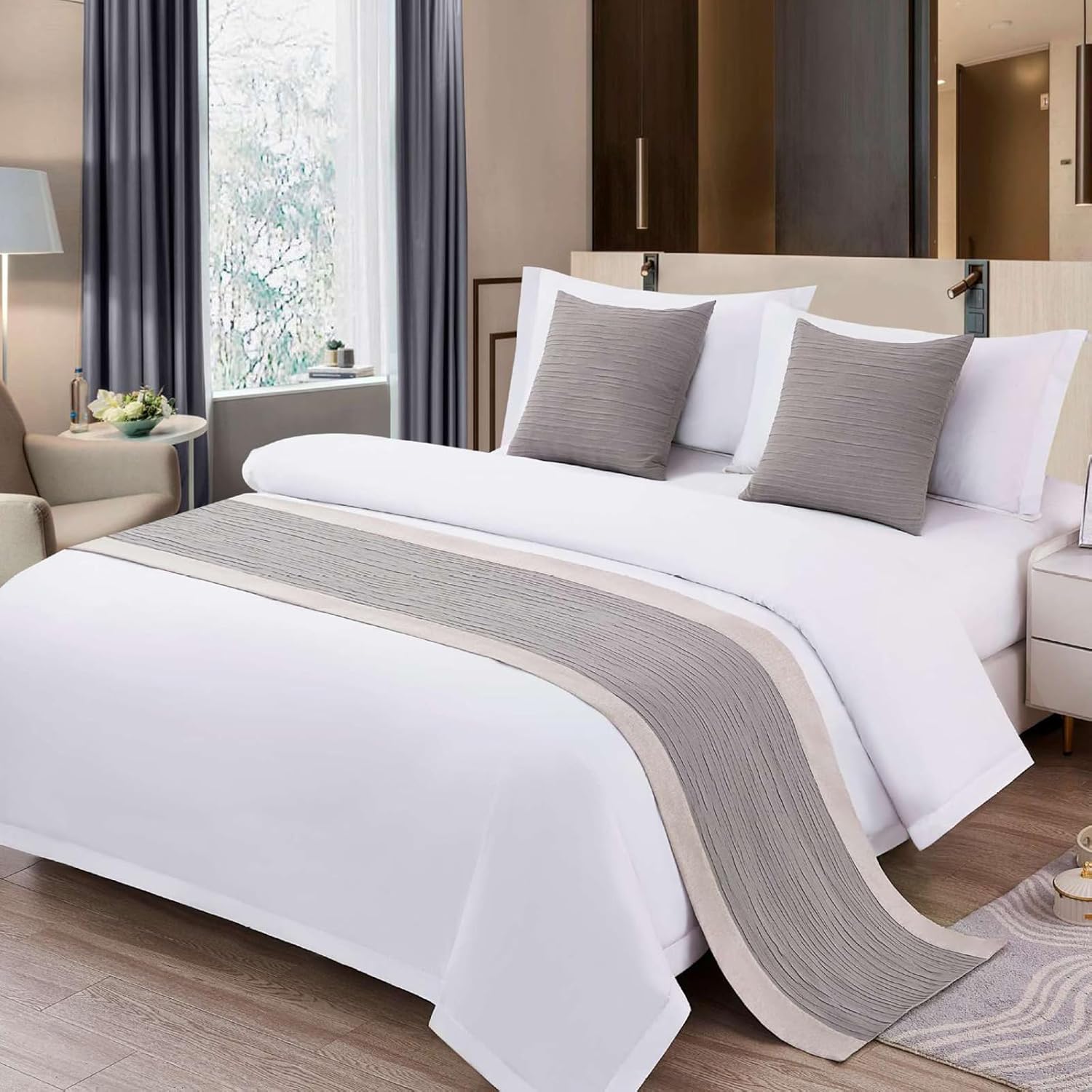Grey Bed Runner 102 x 20 Inch Striped Seersucker Textured Bed Scarf for King Size Bed Elegant Grey Patchwork Quilted Runner Decorative for Hotel Bedroom (180cm & 200cm Bed, 1 Piece)