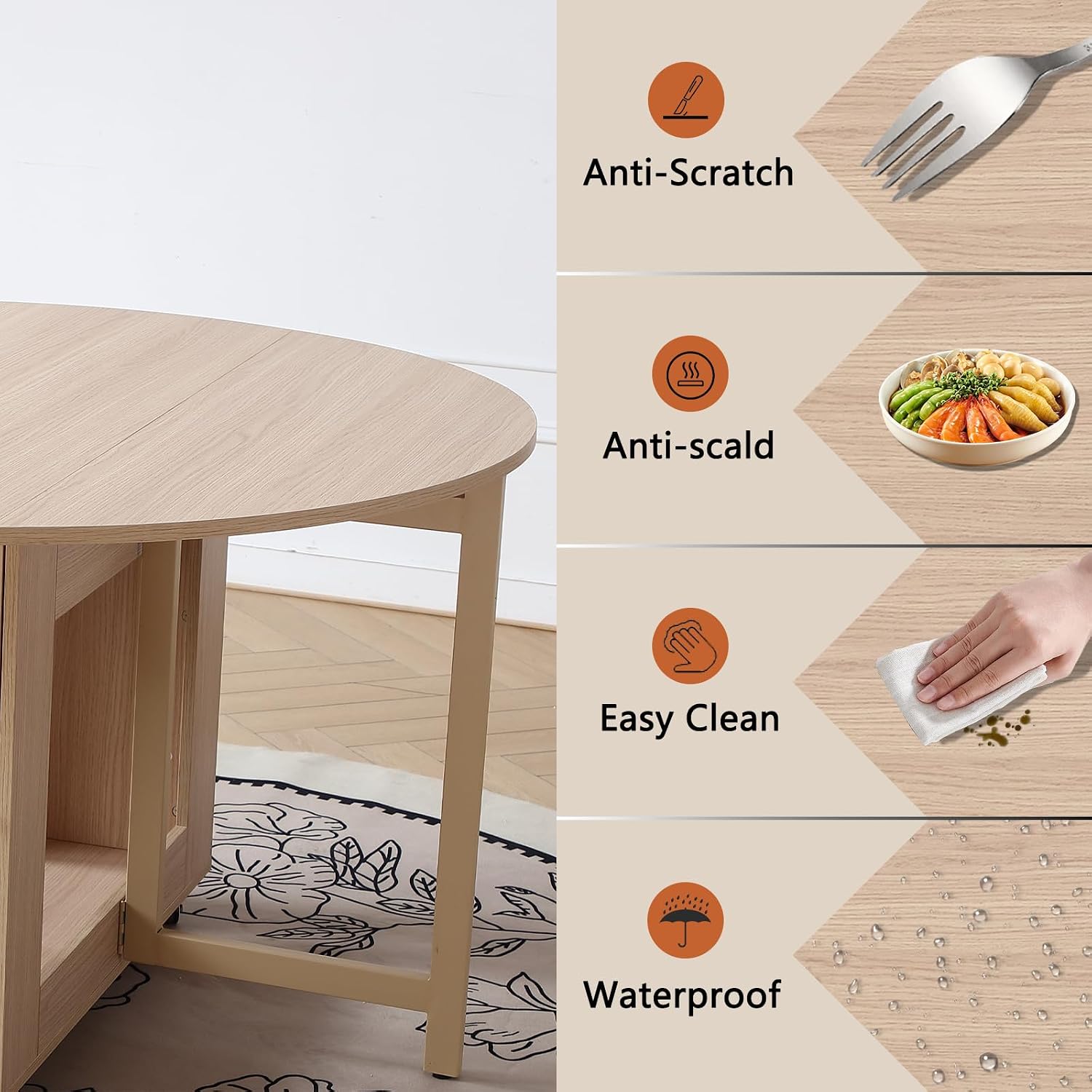 COMUHOME Wood Round Folding Dining Table with 6 Chairs, 47.3" Folding Table and Chairs with Storage Shelf Metal Legs for Home Dining Room Living Room, Space Saving Foldable Dining Table with 6 Chairs
