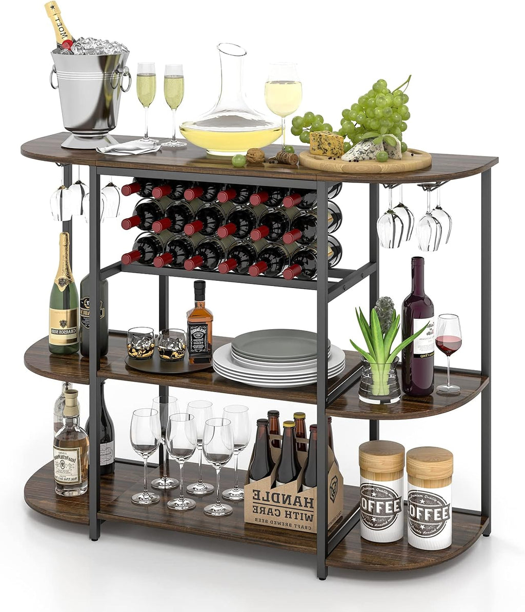 LOKO Wine Rack Table, 47 Inches Industrial Wine Bar Cabinet with Wine Rack & Glass Holders, Freestanding Floor Bar Storage Cabinet for Liquor and Glasses for Home Kitchen Dining Room (Rustic Brown)