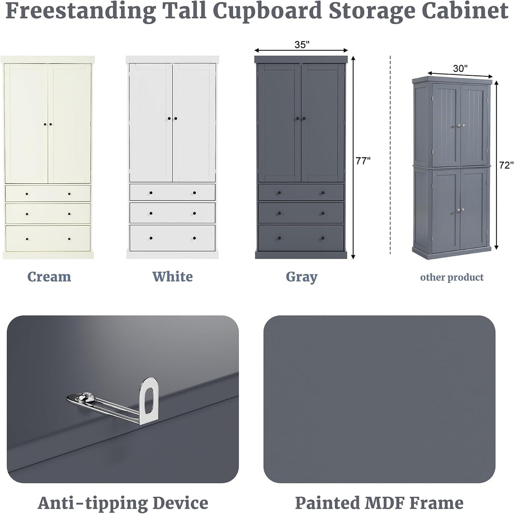 Kitchen Pantry Cabinet with Adjustable Shelves, 77 in | MDF, 4 doors, 8 door shelves, 3 adjustable shelves, slide-out compartments, kitchen pantry, 35 W x 17.7 D x 77 H in