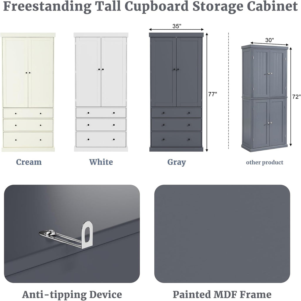 RuiSiSi Farmhouse Kitchen Pantry, 77inch Freestanding Tall Cupboard Storage Cabinet with 3 Adjustable Shelves, 8 Door Shelves, 3 Drawers for Kitchen Dining Room Living Room, Gray
