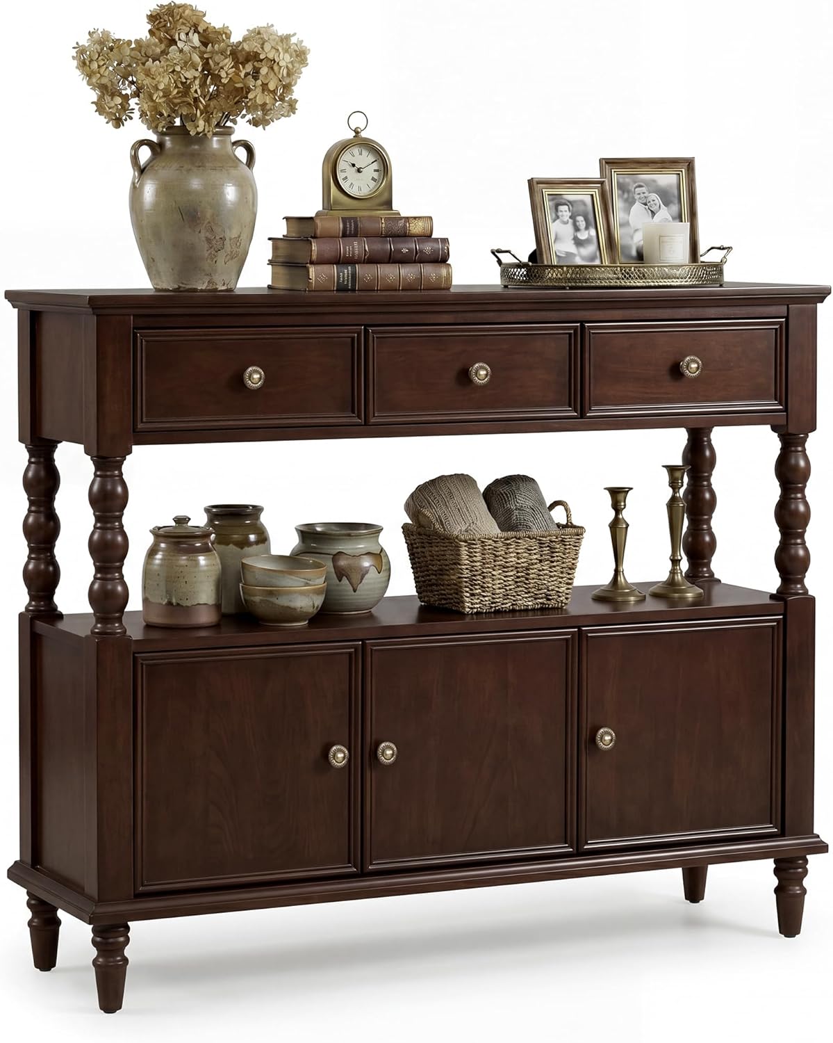 45.3'' Solid Wood Console Table, Retro Sofa Table with 3 Drawers & 2 Cabinet, Long Behind Couch Accent Table Console Table Narrow Entryway Table for Living Room, Foyer, Hallway