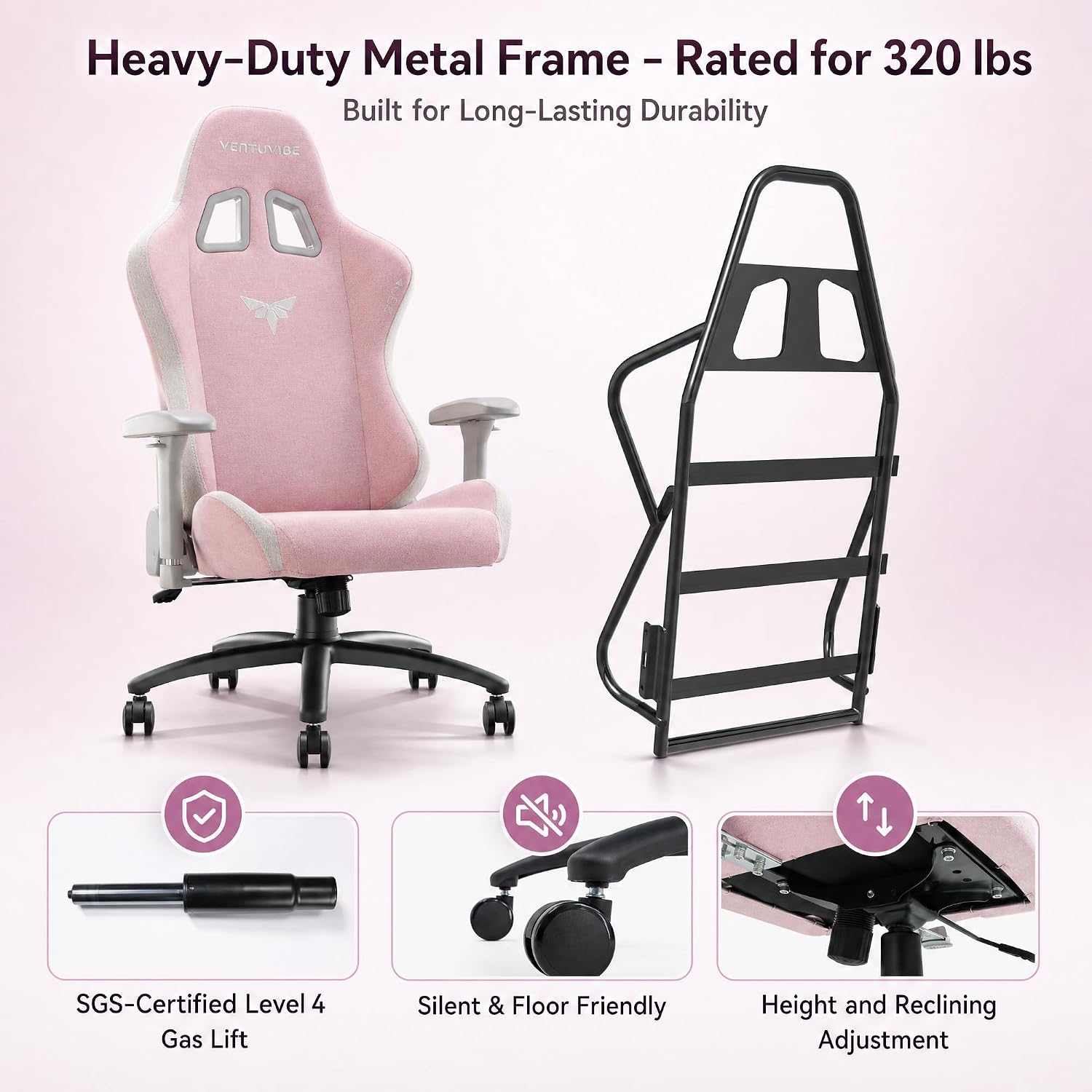 Gaming Chair 4D Adjustable Armrests - 170° Reclining & 320lb Capacity, High Back Ergonomic Computer Chair with Lumbar Support, Fabric Office Chair for Adults Pink