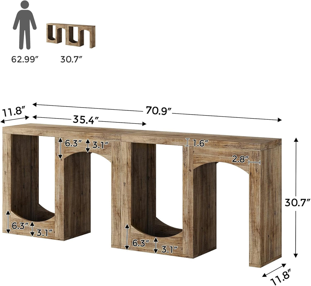 70.9" Farmhouse Console Table, Accent Sofa Table with Arched Design, Modular Entryway Table Free-Combination for Entrance, Hallway, Living Room, Rustic Brown,(Set of 2)