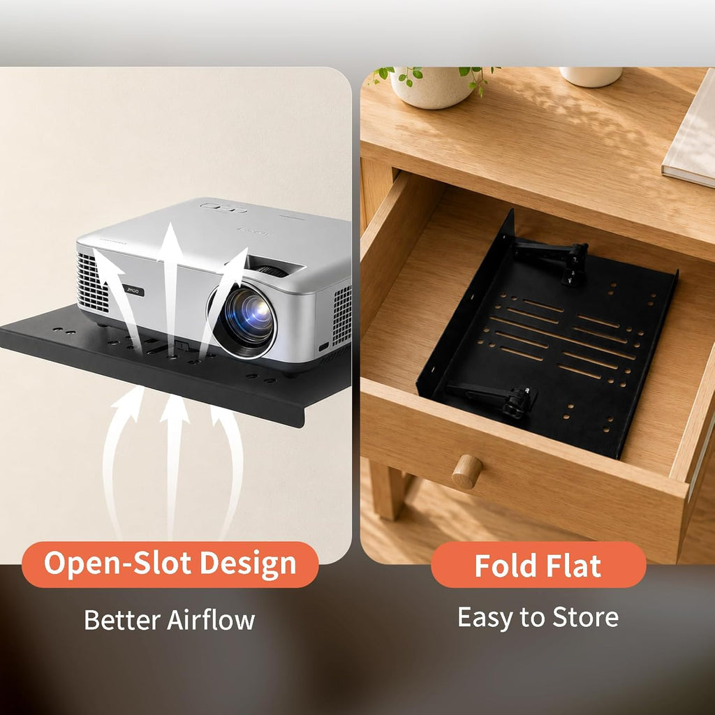 Projector Shelf, No Drill Projector Mount for Bed Frame & Sofa, 12x9.5 Inch, Movable with Wall Mount Option for Projector Shelf