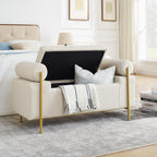 Elegant Upholstered Linen Storage Bench with Cylindrical Arms and Iron Legs for Hallway Living Room Bedroom, Beige