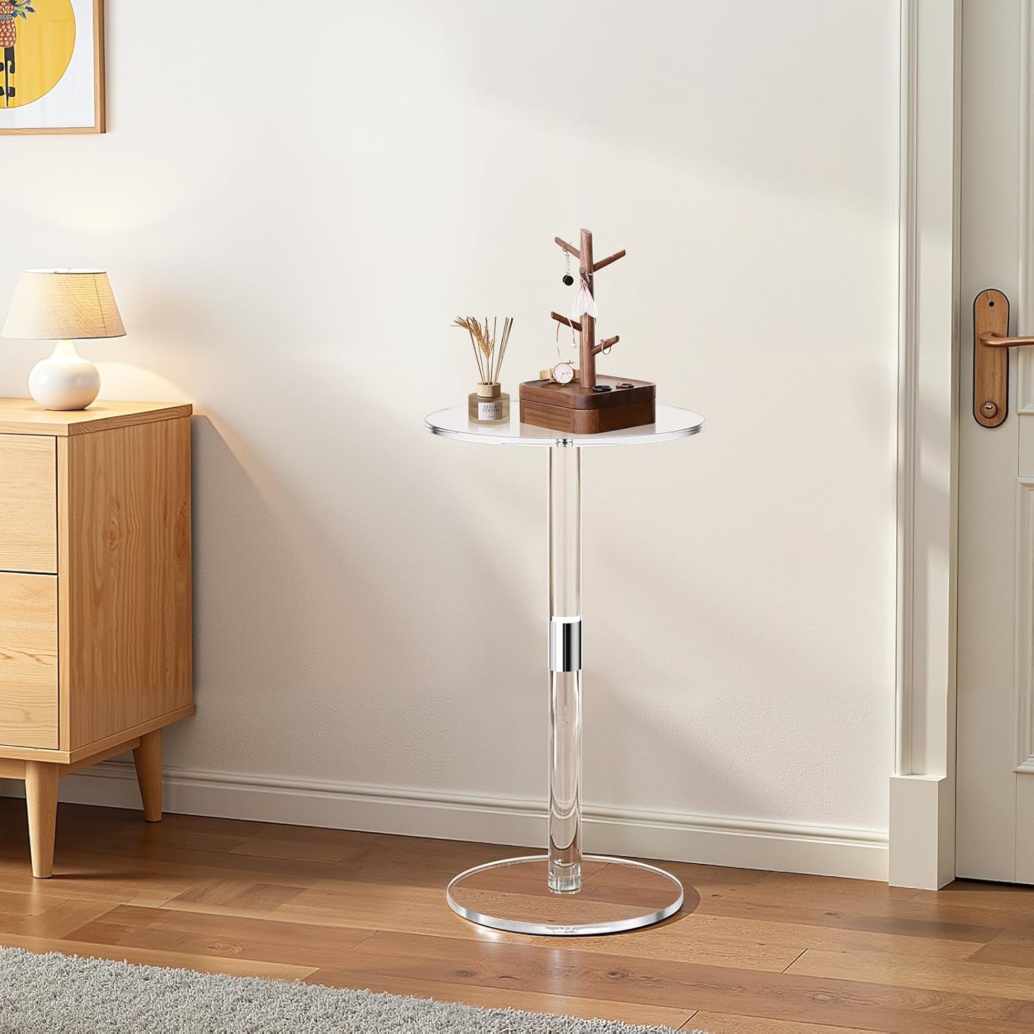 VEVOR Acrylic Drink Table, Small Round Side Table with Solid Post, Modern Clear End Table Transparent Cake Desk for Coffee, Cocktail, Dessert, Snack, Living Room, Bedroom, Bathroom, Easy Assembly