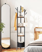 YMYNY Coat Rack, Freestanding Coat Stand with Storage Shelves, Hall Trees with 3 Wooden Shelves and 1 Fabric Basket, Metal Clothes Stand for Hats Bags Hallway Bedroom Rustic Brown UHGR005H