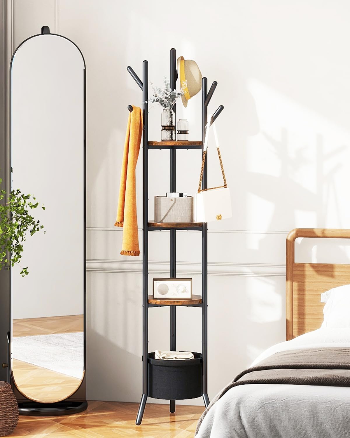 YMYNY Coat Rack, Freestanding Coat Stand with Storage Shelves, Hall Trees with 3 Wooden Shelves and 1 Fabric Basket, Metal Clothes Stand for Hats Bags Hallway Bedroom Rustic Brown UHGR005H