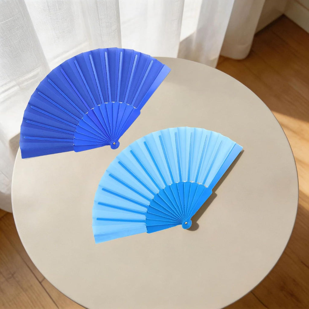 2Pcs Portable Folding Hand Fan, Solid Color Foldable Dance Fan, Lightweight Handheld Fan for Stage Performance & Daily Use(Blue+Deep blue)