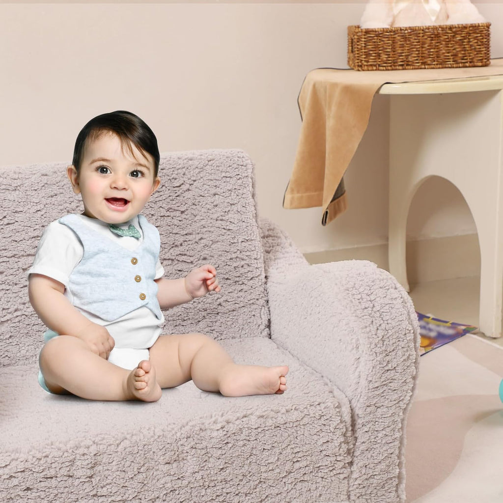 MOMCAYWEX Kids Sofa, 2-in-1 Flip-Out Foam Couch with Soft Sherpa Cover, Cozy Play Lounge Chair, Grey