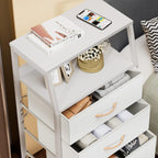 Furnulem Tall Nightstand with 4 Fabric Drawers, Small Dresser for Bedroom | White Dorm Bedside Table , Dresser for Closet, Storage Drawer for Living Room, Entryway, Furniture, Metal Frame, Wood Top