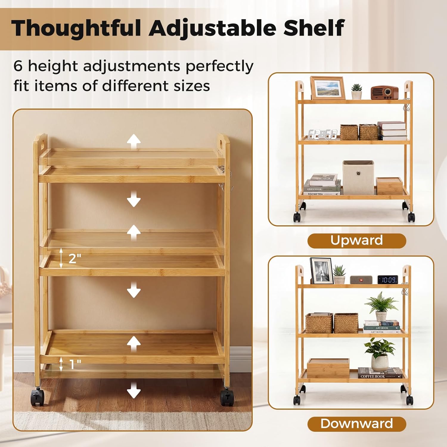 Giantex 3-Tier Rolling Storage Cart, Bamboo Utility Cart w/ 3 Side Hooks & Adjustable Shelves, Multifunctional Kitchen Cart on 2 Lockable Wheels for Living Dining Room, Laundry, Bathroom, Office Art