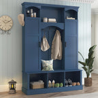 SOFTSEA Arched Hall Tree with Storage Bench, Entryway Bench with 7 Hooks and Shoe Cabinets, Modern Coat Tree Entryway Organizer with Shoe Storage for Mudroom, Living Room, Blue