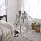 Round Mirror Accent Table with Crushed Diamond Edge Frame, 19.7" Mirrored End Table with Crystal Legs for Living Room Entryway, Small Space Side Table