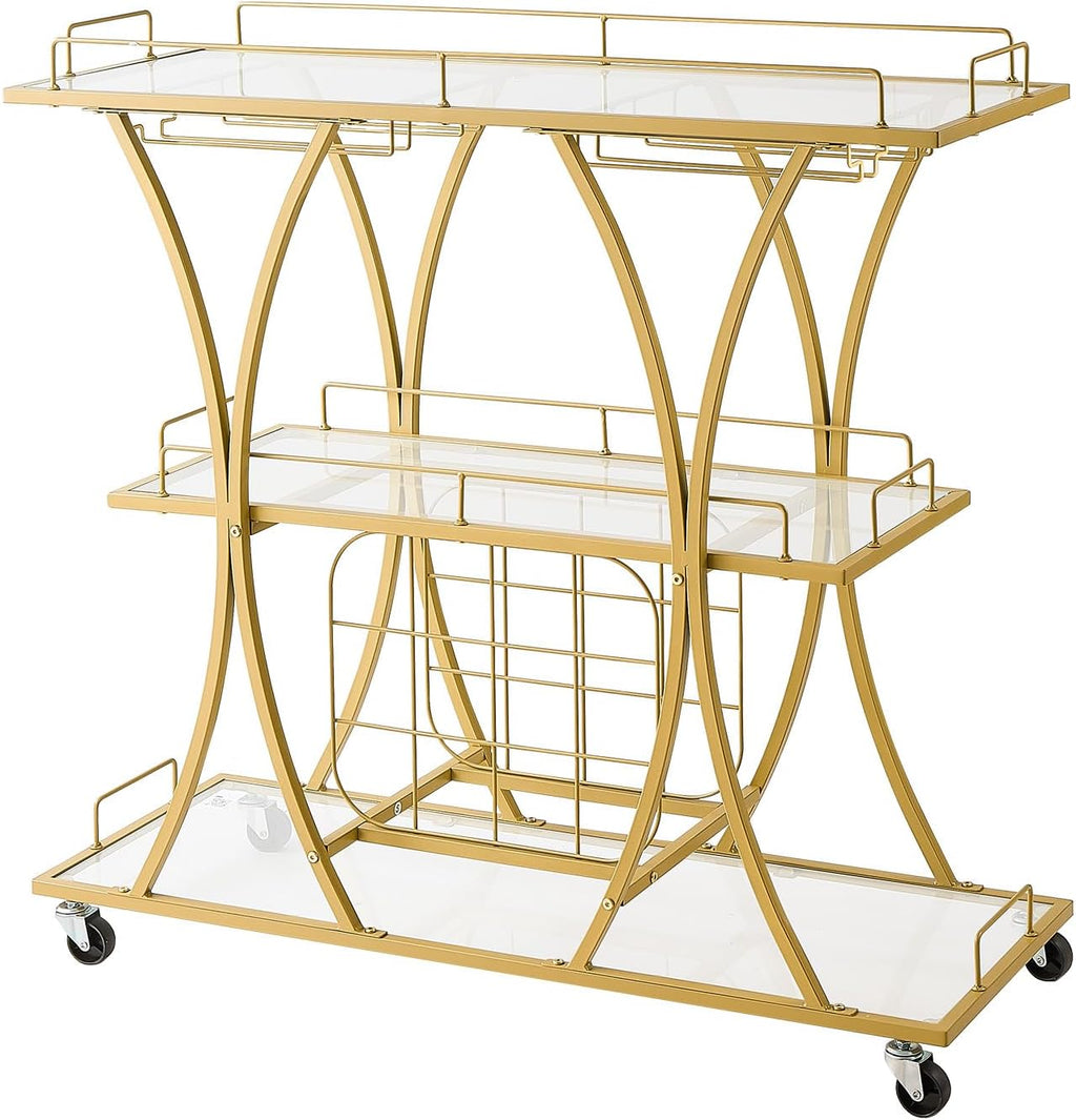 VEVOR Bar Cart, 3 Tiers Home Kitchen Serving Carts, Modern Rolling Utility Station on Wheels, Drink Beverage Trolley with Tempered Glass Shelves, Wine Rack, Glass Holder, for Living Dining Room, Gold