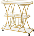VEVOR Bar Cart, 3 Tiers Home Kitchen Serving Carts, Modern Rolling Utility Station on Wheels, Drink Beverage Trolley with Tempered Glass Shelves, Wine Rack, Glass Holder, for Living Dining Room, Gold