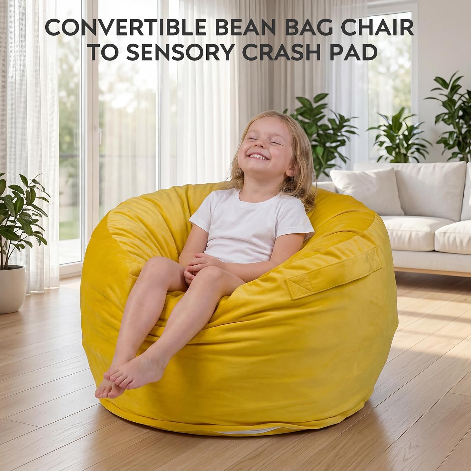 Bean Bag Chair and Sensory Crash Pad for Kids, Convertible Beanbag Folds from Lazy Chair to Floor Sensory Crash Pad, Children Lazy Sofa Chairs with Memory Foam Filling, Machine Washable, Yellow