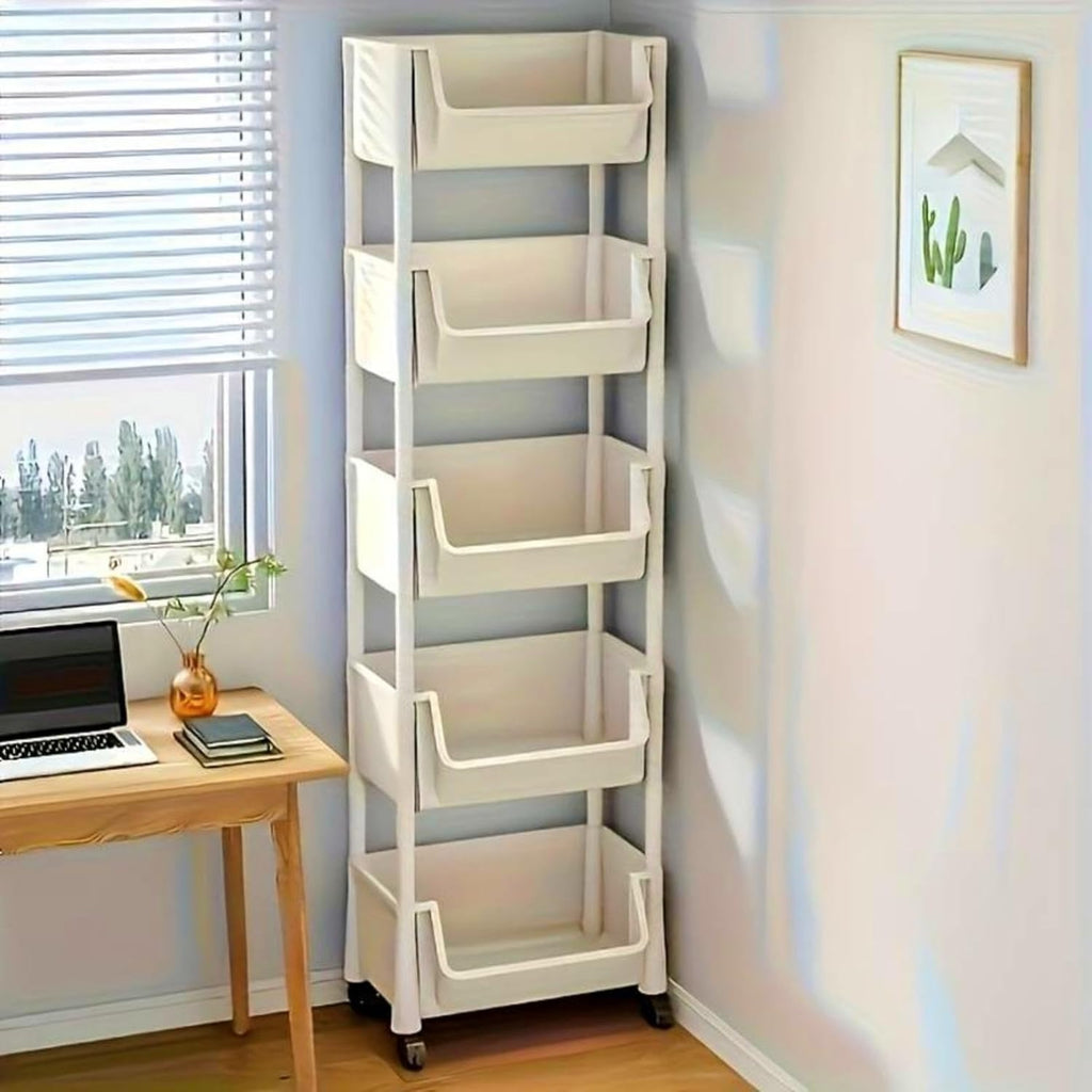 5-Tier Plastic Rolling Cart with Wheels, Multi Layer Storage Cart, Multi-Functional High-Borders Storage Trolley, Durable and Stable, Tiered Cart for Bathroom,Laundry, Living Room
