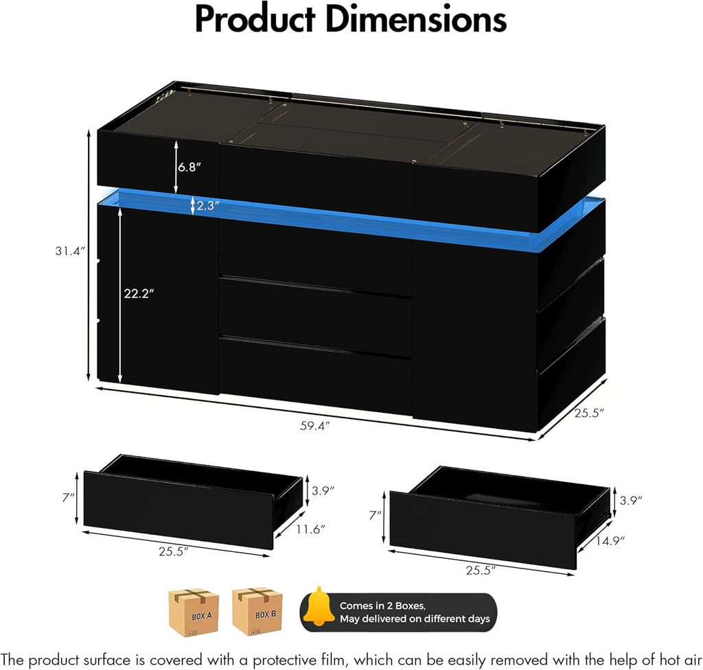 Luxury Glossy Closet Island with 16 Drawers, Modern LED Wardrobe Armoire Island with Glass Top, Luxury Walk-in Closet Island for Cloakroom (Black)
