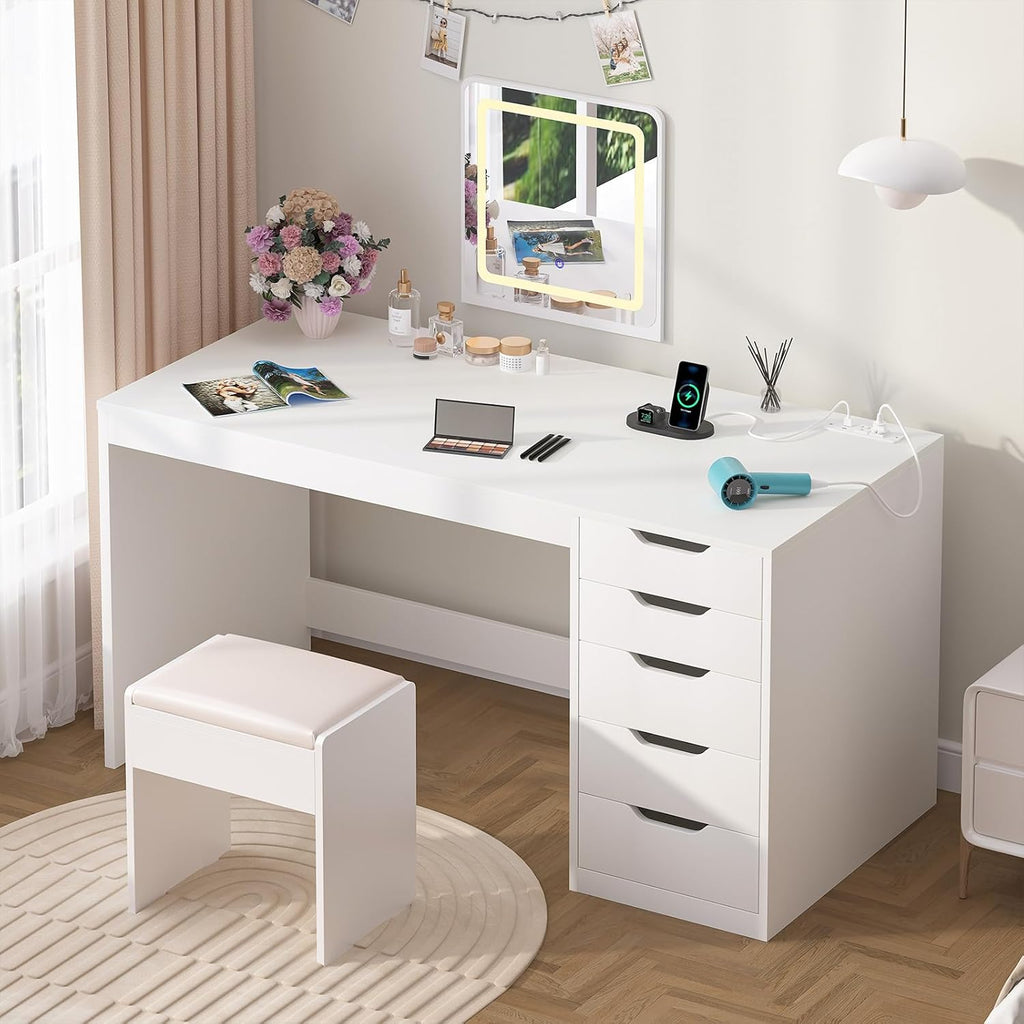 YOMILUVE 47 Inch Computer Desk with 5 Drawers and Power Outlets, Home Office Desks with Storage File Cabinet, Modern Simple Laptop Desk Writing Table for Small Spaces, White