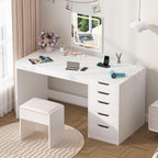 YOMILUVE 47 Inch Computer Desk with 5 Drawers and Power Outlets, Home Office Desks with Storage File Cabinet, Modern Simple Laptop Desk Writing Table for Small Spaces, White
