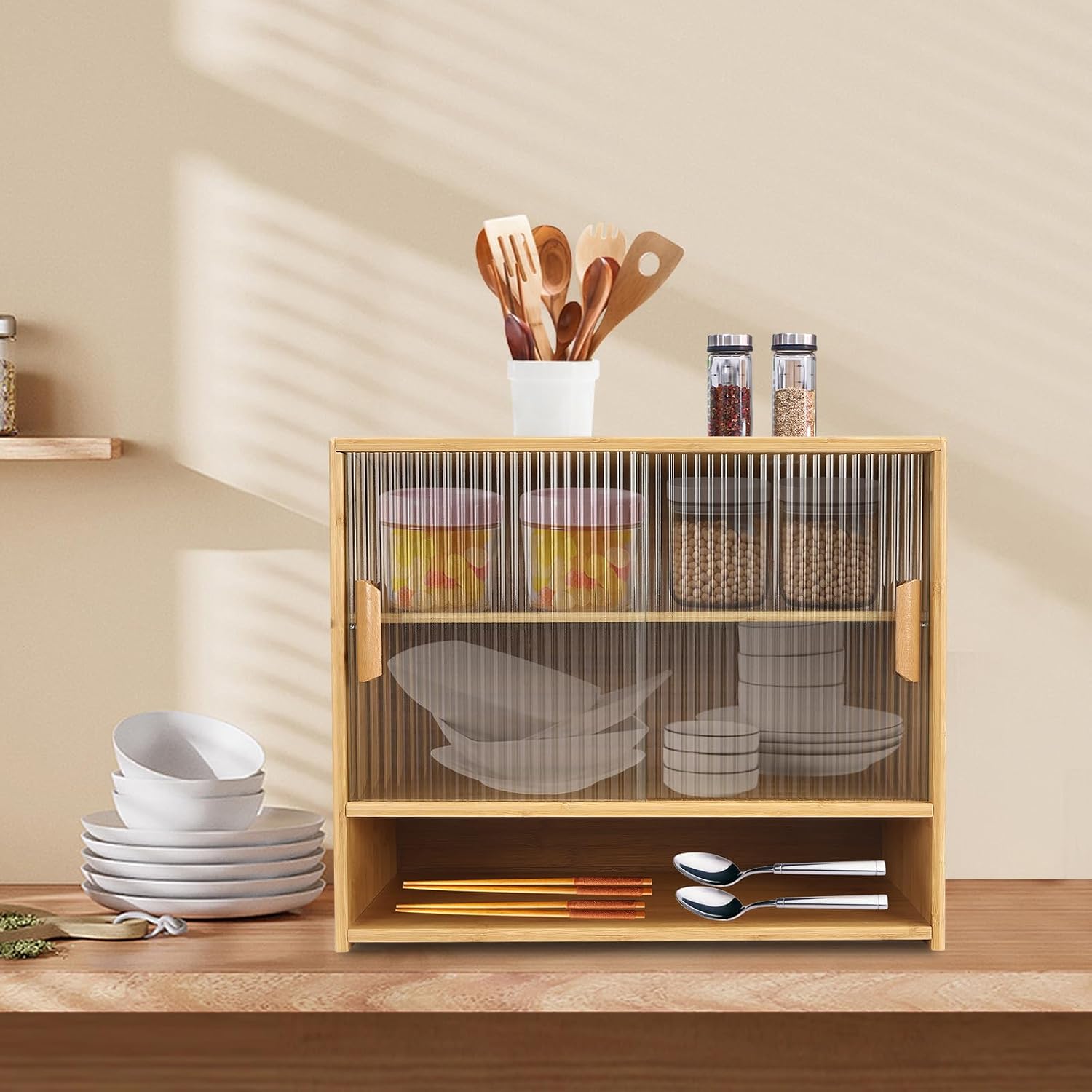 3 Tier Small Bamboo Pantry, Freestanding Dining Cupboard Kitchen Sideboard Countertop Storage Cabinet with 2 Sliding Striped Glass Doors for Spice Seasoning Bottles, Dish, Bowl (Log-Colored)
