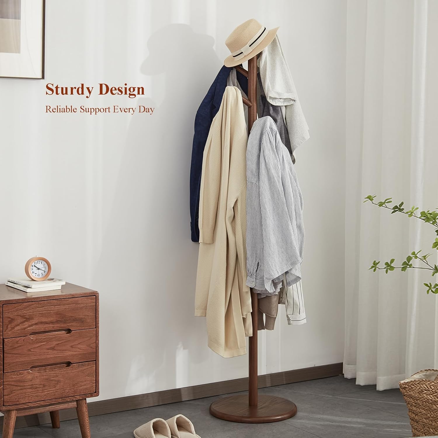 Coat Rack, Solid Wood Coat Rack Freestanding with 6 Hooks, Wooden Coat Tree Freestanding for Hats, Handbags, Coat Stand for Entryway, Bedroom, Hallway - Gift for Her (Walnut)