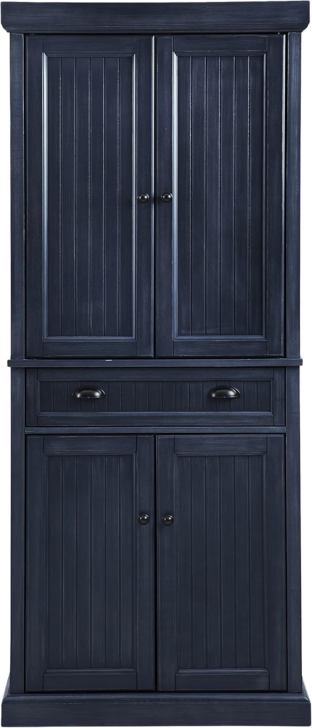 Crosley Seaside Hall Tree Entryway Bench Coat Rack Shoe Cabinet and Kitchen Pantry Cabinet Distressed Navy
