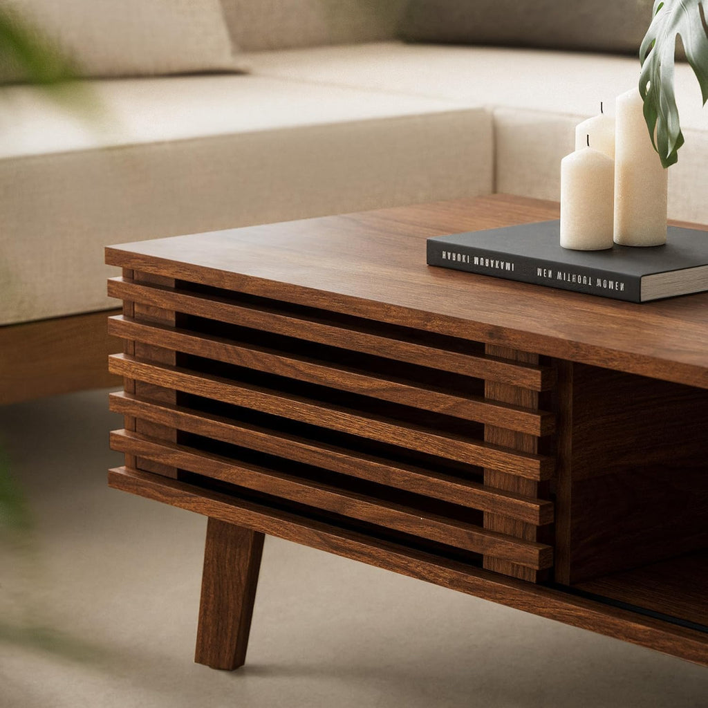 MAISONARIA Living Room Table Sets of 2, Mid Century Coffee Table & Dresser TV Stand, Sliding Door Coffee Table with Storage, Modern TV Stand for Bedroom, Living Room, Walnut