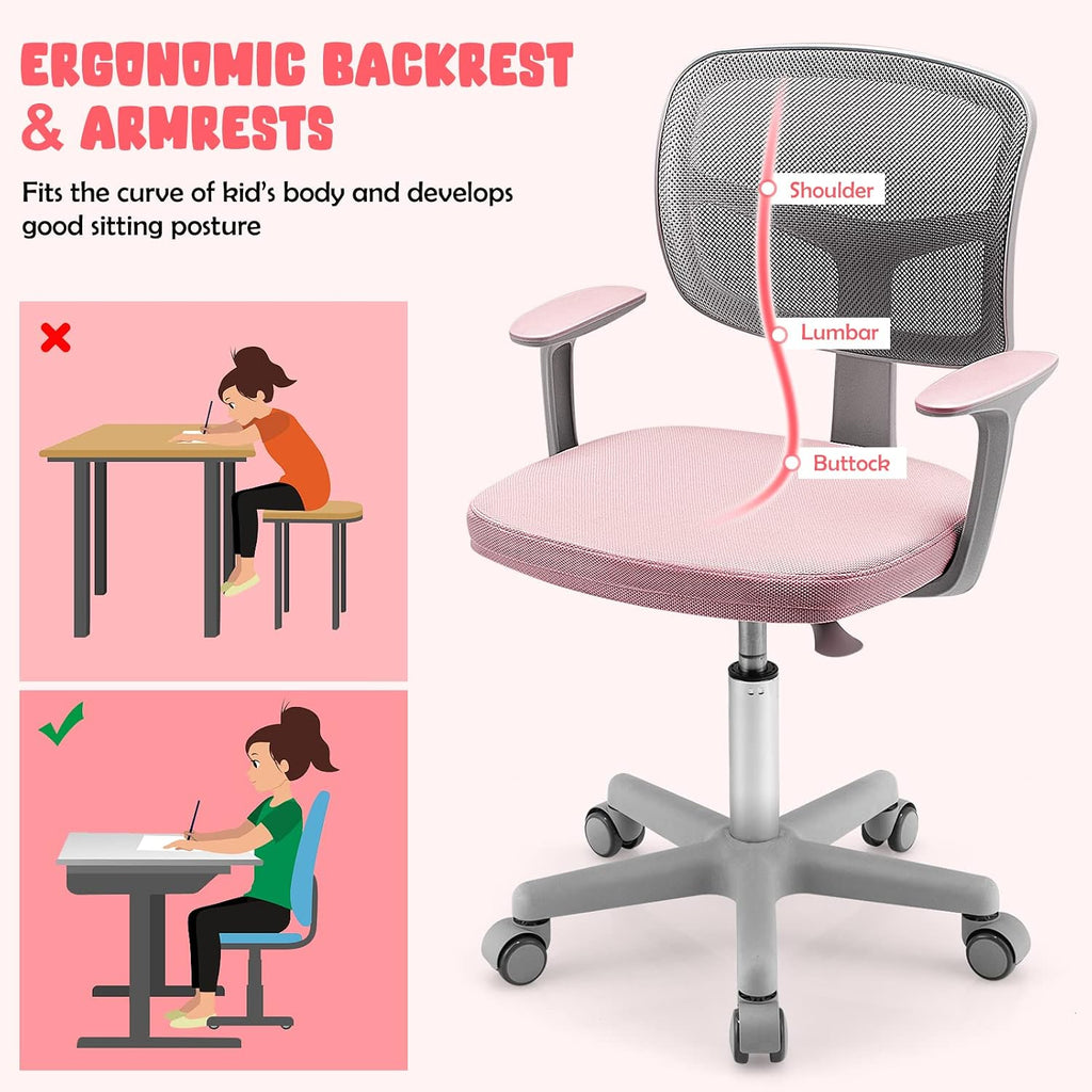 HONEY JOY Kids Desk Chair, Height Adjustable Children Study Chair, Swivel Mesh Task Student Chair, Universal Casters, Child Computer Desk Chair for Boys Girls Age 3-10 (Pink)
