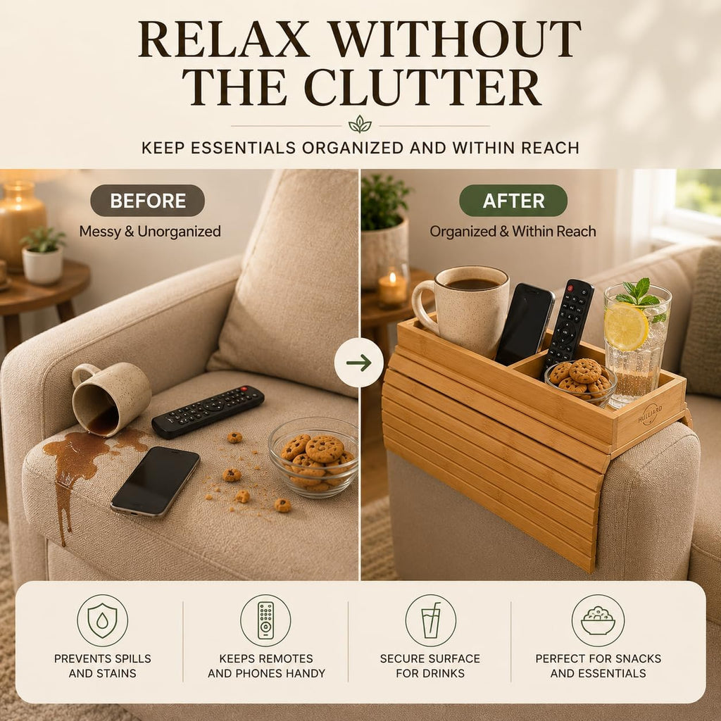 Bamboo Sofa Armrest Tray - Foldable Couch Arm Tray with Cup Holder - 2 in 1 Anti-Slip Sofa Armchair Caddy Table for Drinks, Phone, TV Remote, Snacks
