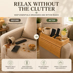 Bamboo Sofa Armrest Tray - Foldable Couch Arm Tray with Cup Holder - 2 in 1 Anti-Slip Sofa Armchair Caddy Table for Drinks, Phone, TV Remote, Snacks