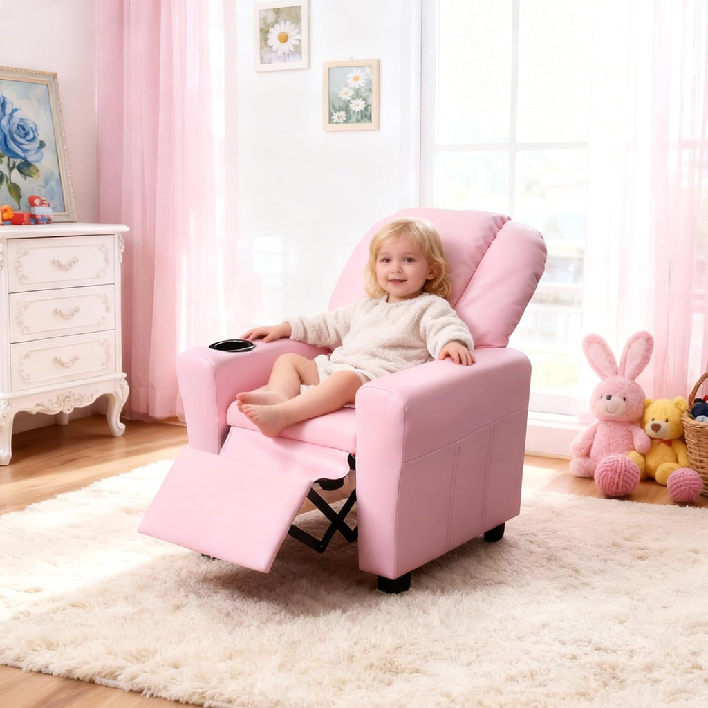 Toddler Recliner Chair for Kids Ages 1-4 – PU Leather Upholstered Kids Sofa with Cup Holder, Adjustable Backrest & Footrest, Comfortable Single Armchair for Boys & Girls Bedroom Living Room (Pink)