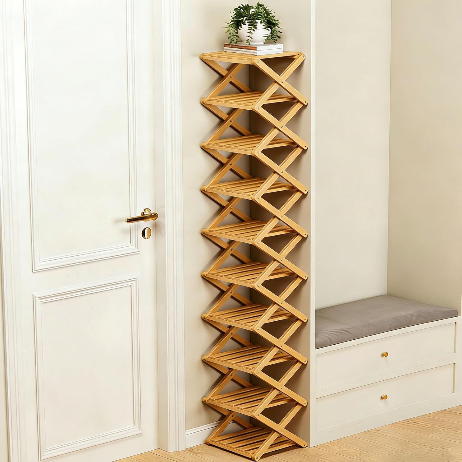 2-10 Tiers No-Assembly Bamboo Rack, No-Tool Assembly, Foldable Storage Shelf, Vertical Shoe Organizer for Small Spaces, The 9-Tier No-Assembly Bamboo Rack (Natural,10 Tier)