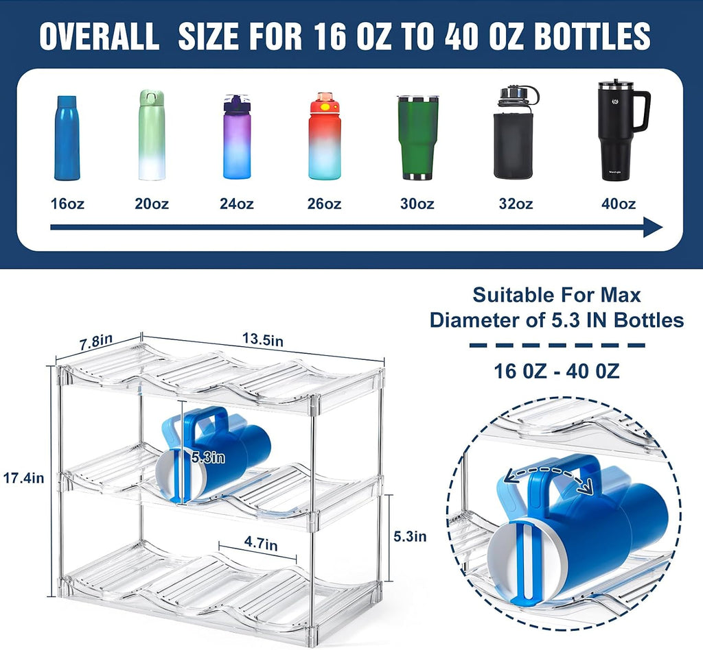 Stackable Water Bottle Organizer for Cabinet, Bottle and Other Tumbler Organizer for Kitchen Cabinets,Clear Stackable Water Bottle Holder and Wine Rack