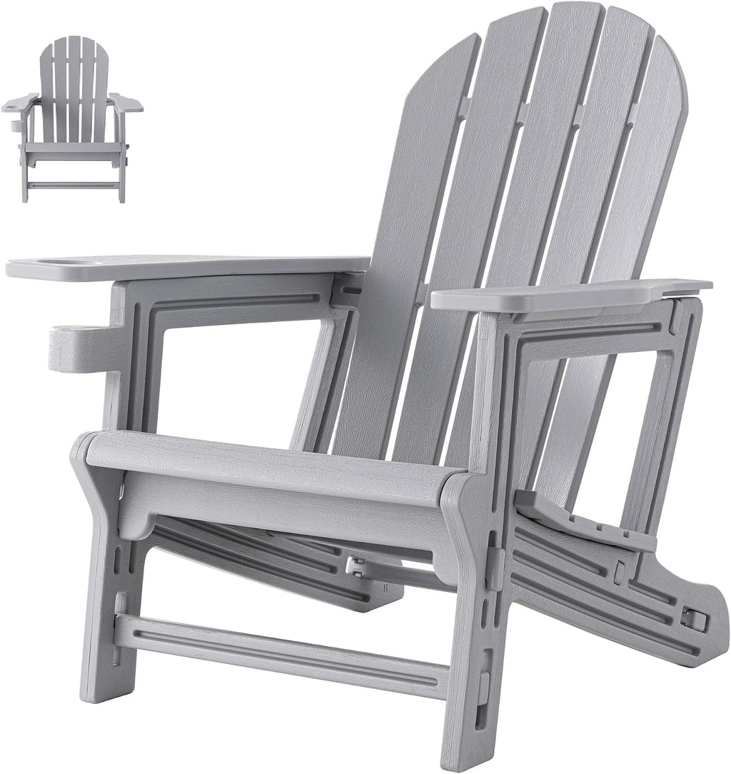 SUNBURY Outdoor Adirondack Chair, Set of 1 HDPE Outdoor Chair w Cup Holder, 0 Screws Wood Texture Garden DIY Chair Weather Resistant, Fire Pit Chair, Plastic Patio Chair for Deck,Backyard,Garden, Grey