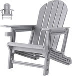 SUNBURY Outdoor Adirondack Chair, Set of 1 HDPE Outdoor Chair w Cup Holder, 0 Screws Wood Texture Garden DIY Chair Weather Resistant, Fire Pit Chair, Plastic Patio Chair for Deck,Backyard,Garden, Grey