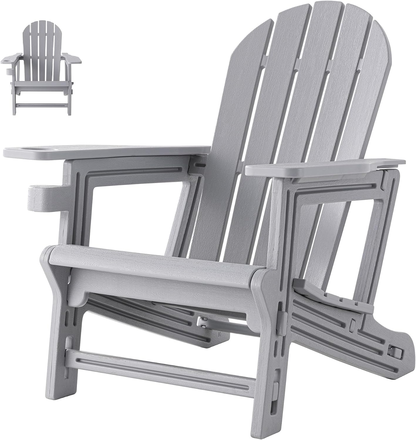 SUNBURY Outdoor Adirondack Chair, Set of 1 HDPE Outdoor Chair w Cup Holder, 0 Screws Wood Texture Garden DIY Chair Weather Resistant, Fire Pit Chair, Plastic Patio Chair for Deck,Backyard,Garden, Grey