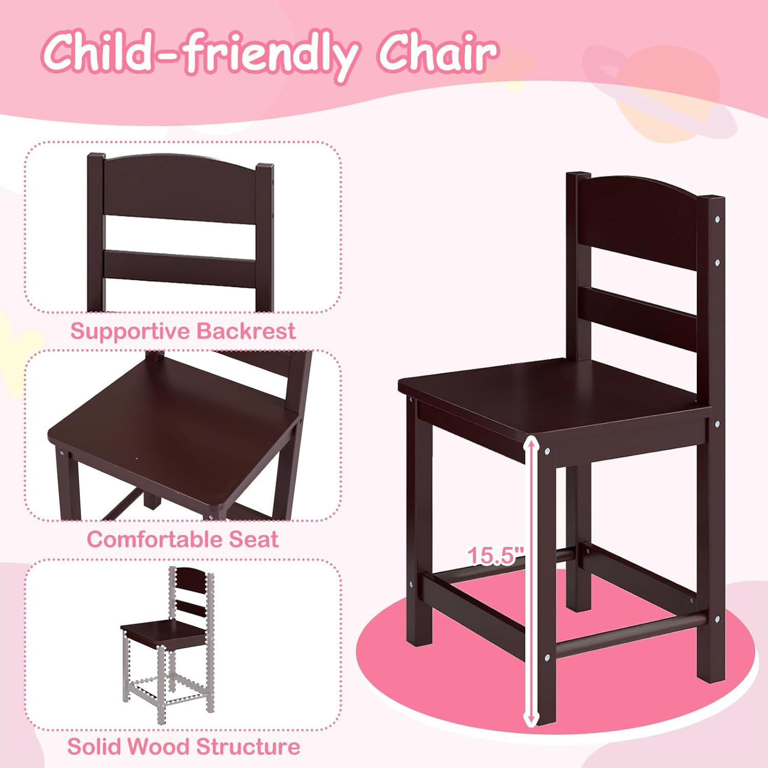 HONEY JOY Kids Desk and Chair Set, Wooden Children School Study Table and Chair w/Drawer, Storage Shelf & Cabinets, Student Computer Workstation Writing Desk for Bedroom, 3-8 Years Old (Dark Brown)