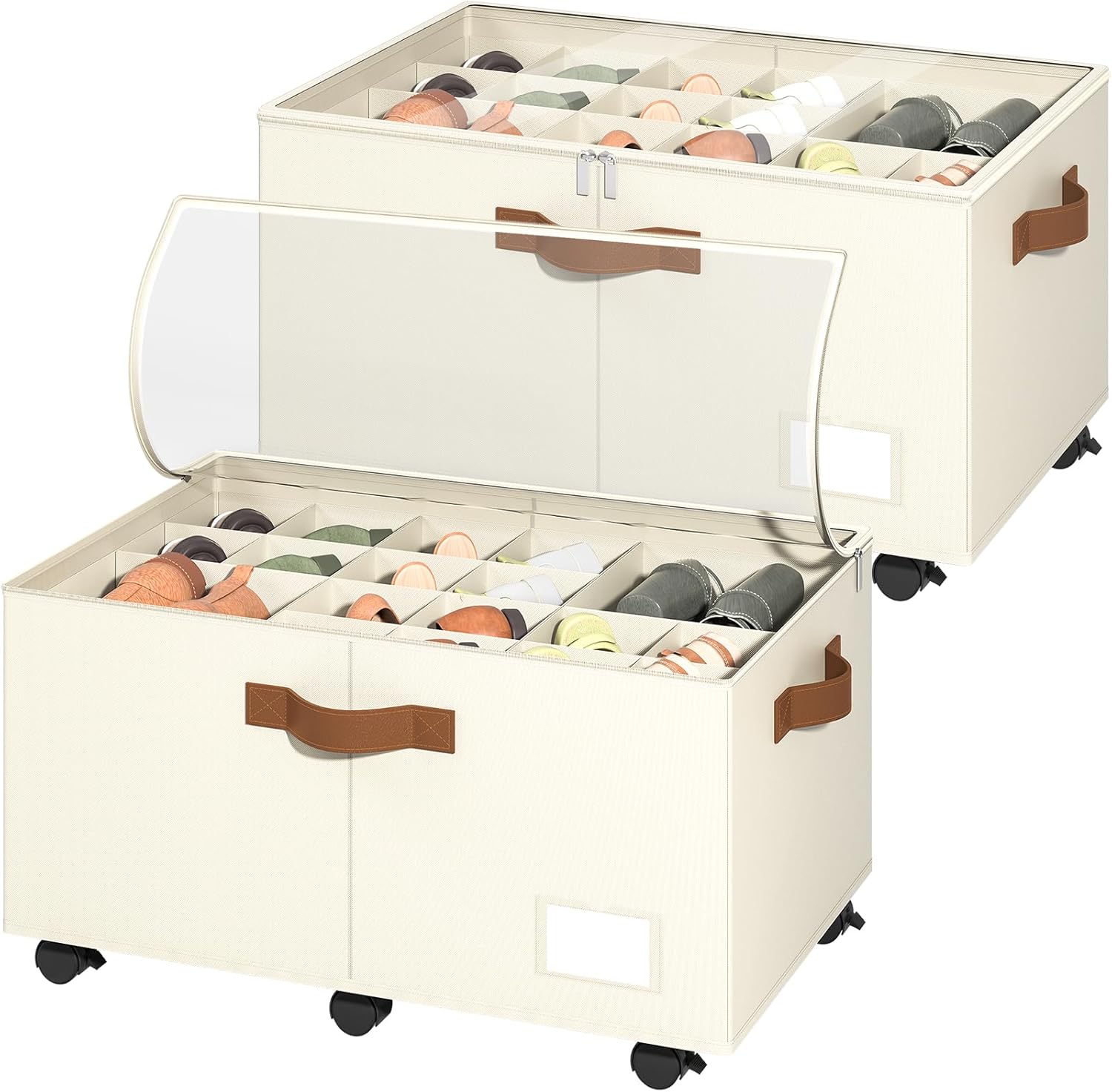 Shoe Organizer for Closet, 2 Pack Shoe Storage Organizer with Wheels and Adjustable Dividers, Stackable Shoe Storage Box with Clear Cover, Foldable Closet Shoe Organizer Fits up to 24-48 Pairs, Beige