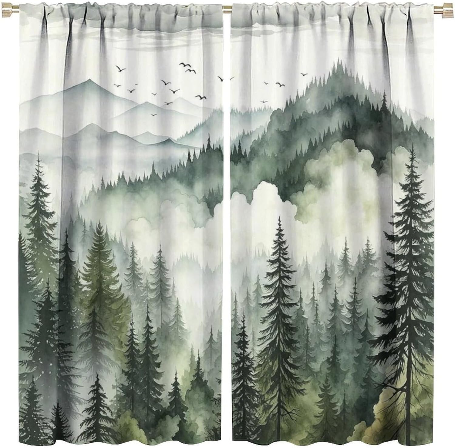 Woodland Curtains Nature Forest Theme, Vintage Rustic Watercolor Green Misty Landscape Print Rod Pocket Drapes for Kitchen Bathroom Living Room Kids Room, 2 Panels W52 x L84 Inch