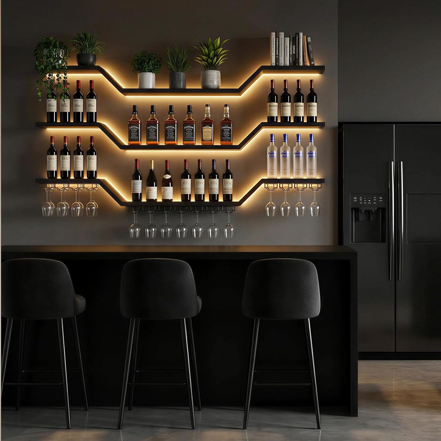 47.2-inch/120cm Metal Wall Mount Wine Rack, 3-tiers Modern Wall Bar Shelf with Wine Glass Rack, Floating Liquor Shelf with LED Lights, Bottle Display Wine Storage Shelves for Home Bar Coffee Shop