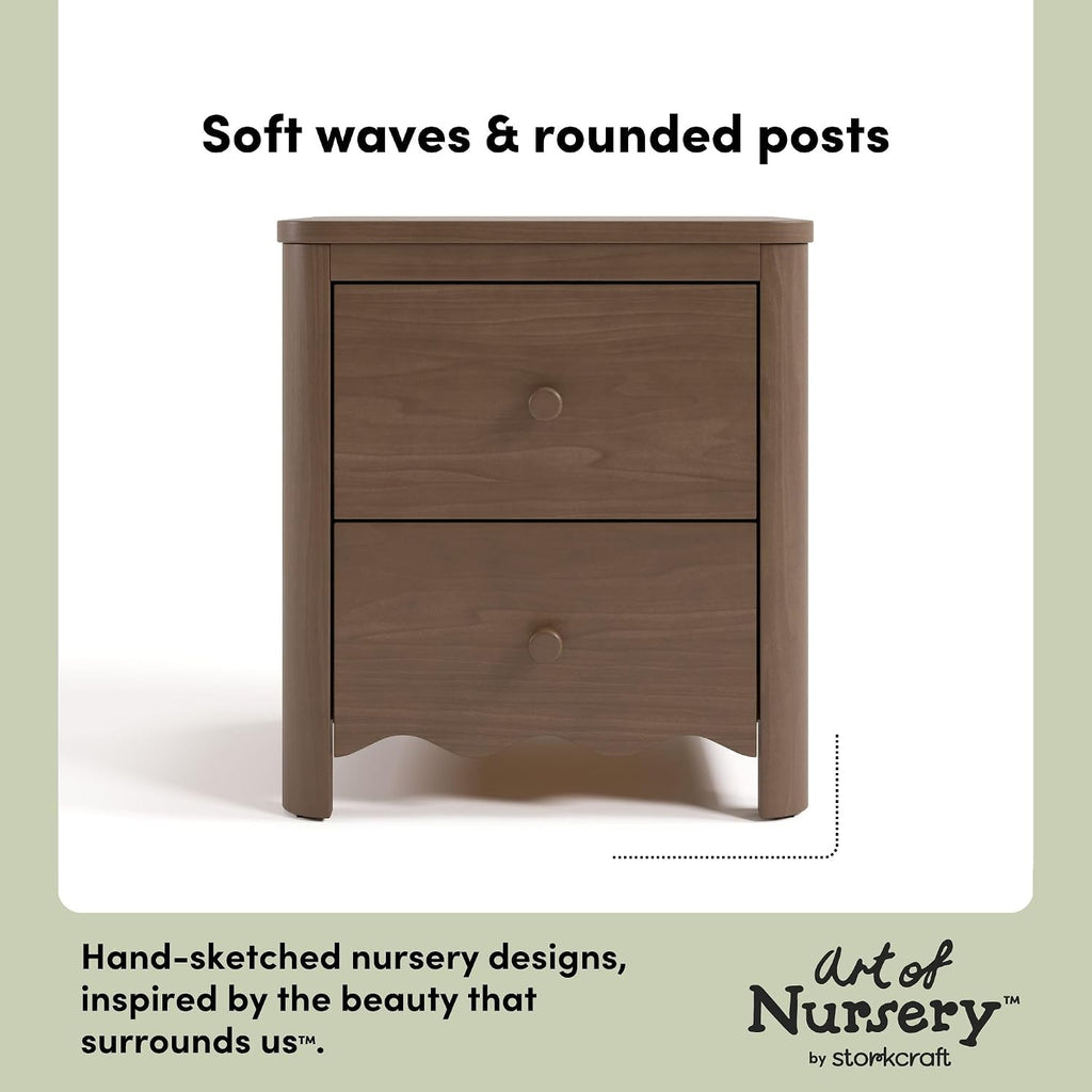 Storkcraft Casablanca 2 Drawer Nightstand, Hazelnut | GREENGUARD Gold Certified, Storage for Kids Bedroom, Premium Wood Nightstand with Iconic Wave Detailing and Rounded Posts