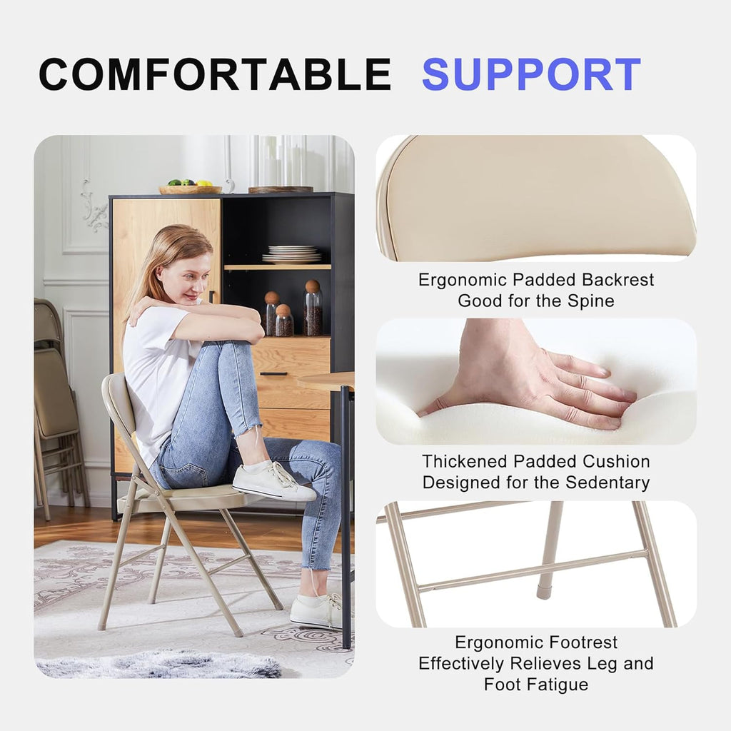 Folding Chairs 2 Pack, Portable Stackable Commercial Chair, Indoor Outdoor Padded Leather Chair with Sturdy Metal Frame, for Home, Office, or Party Events. (Kahki, 2 Pack)