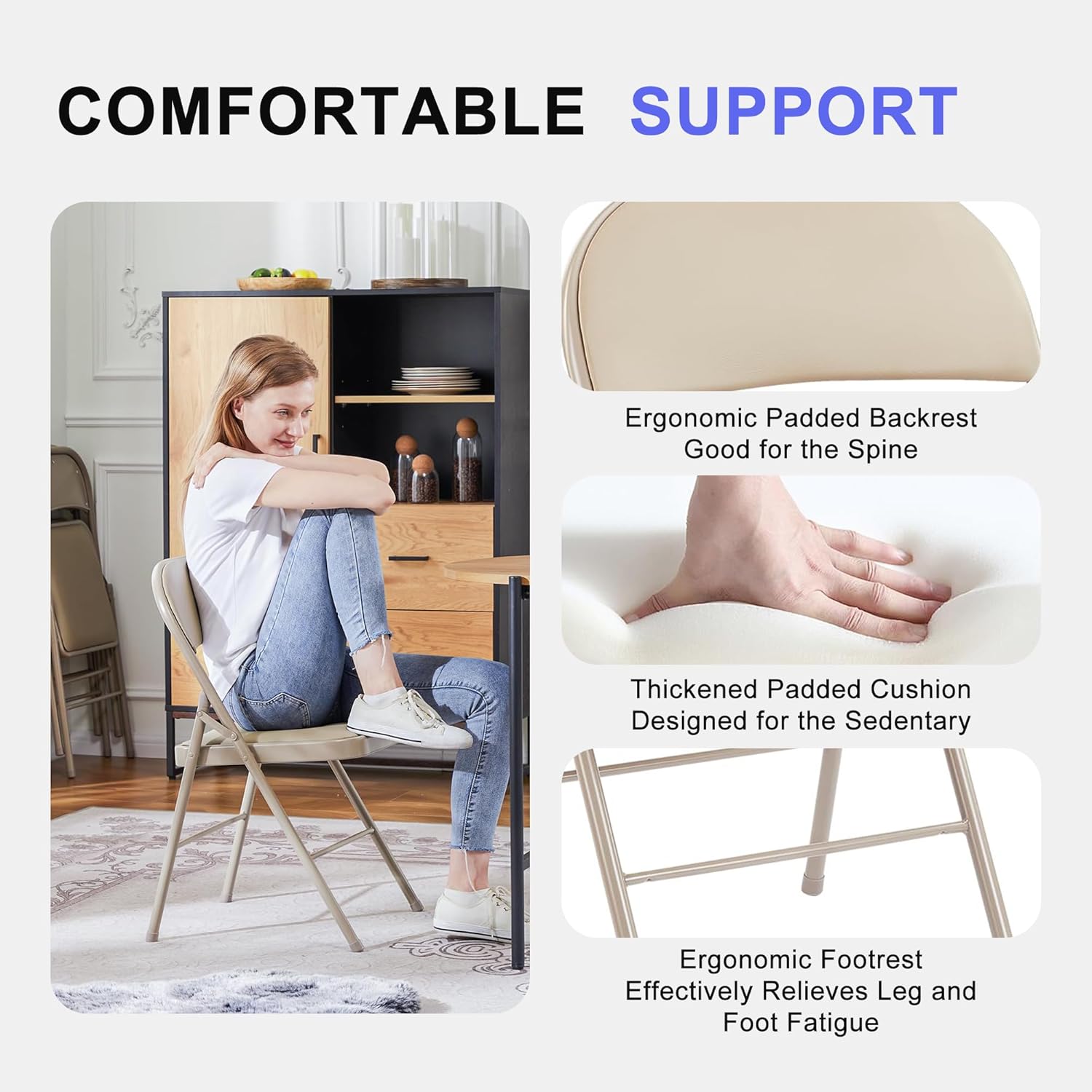 Folding Chairs 2 Pack, Portable Stackable Commercial Chair, Indoor Outdoor Padded Leather Chair with Sturdy Metal Frame, for Home, Office, or Party Events. (Kahki, 2 Pack)